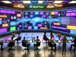 Futuristischer KI‑Marketing‑Workspace mit schwebenden Bildschirmen, Pipeline‑Dashboard (LLM, RAG, CDP), Code, Ad‑Creatives und KPI‑Grafiken; diverses Team.