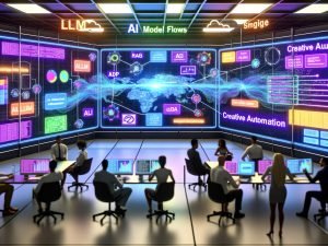 Futuristischer KI‑Marketing‑Workspace mit schwebenden Bildschirmen, Pipeline‑Dashboard (LLM, RAG, CDP), Code, Ad‑Creatives und KPI‑Grafiken; diverses Team.