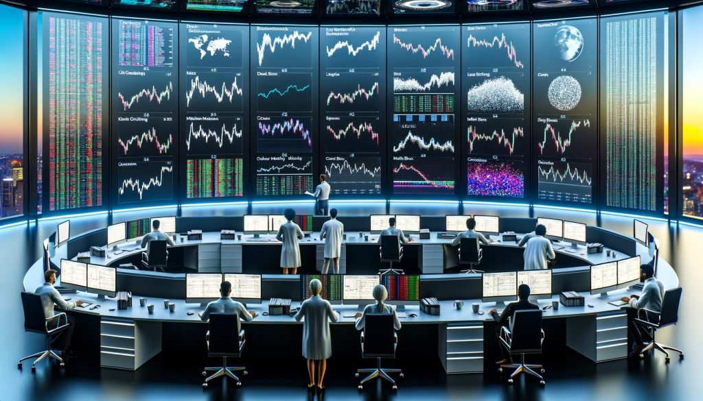 Hochmoderner Kontrollraum für KI-Trading mit Monitoren voller Echtzeit-Grafiken, Tick-Charts, neuronalen Netzen und Orderbuch-Heatmaps; Trader und Data Scientists überwachen Marktmikrostruktur, Slippage und Trade-Ausführungen; Symbole globaler Börsen im Hintergrund.