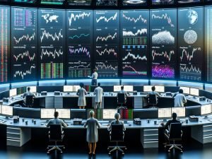 Hochmoderner Kontrollraum für KI-Trading mit Monitoren voller Echtzeit-Grafiken, Tick-Charts, neuronalen Netzen und Orderbuch-Heatmaps; Trader und Data Scientists überwachen Marktmikrostruktur, Slippage und Trade-Ausführungen; Symbole globaler Börsen im Hintergrund.