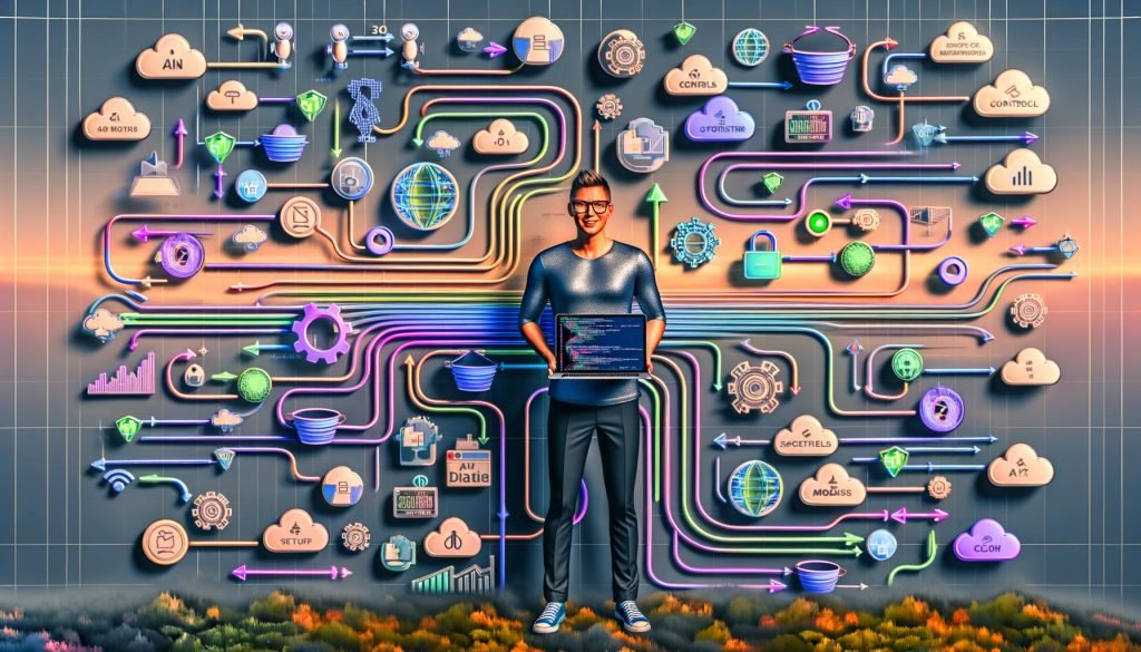 Moderne digitale Illustration: selbstbewusste, genderneutrale:r KI‑Ingenieur:in mit Brille und Laptop mit Code und Daten‑Grafiken; umgeben von Datenströmen zwischen Google, Meta und TikTok, CRM‑ und SEO‑Analysen, Airflow‑DAGs, Docker‑Containern, Feature‑Store und Vektor‑Datenbanken; LLM‑Symbole, Sicherheits‑Schilde und markensichere Content‑Bots; ROAS/CPA‑Dashboards, Cloud‑Infrastruktur, Zahnräder und grüne Haken für produktionsreife Deployments in neonblau‑magenta Beleuchtung.