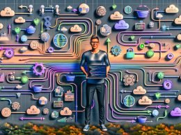 Moderne digitale Illustration: selbstbewusste, genderneutrale:r KI‑Ingenieur:in mit Brille und Laptop mit Code und Daten‑Grafiken; umgeben von Datenströmen zwischen Google, Meta und TikTok, CRM‑ und SEO‑Analysen, Airflow‑DAGs, Docker‑Containern, Feature‑Store und Vektor‑Datenbanken; LLM‑Symbole, Sicherheits‑Schilde und markensichere Content‑Bots; ROAS/CPA‑Dashboards, Cloud‑Infrastruktur, Zahnräder und grüne Haken für produktionsreife Deployments in neonblau‑magenta Beleuchtung.