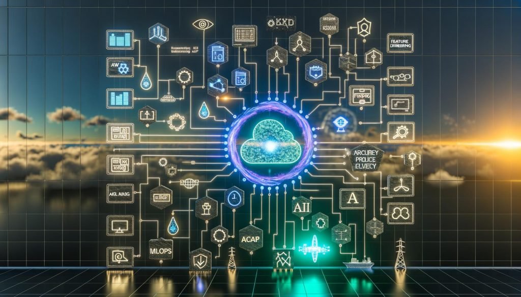 Moderne Enterprise-Grafik eines digitalen Control-Rooms: zentrale Daten-Pipeline mit „Data Integration“, „Feature Engineering“, „MLOps“ und „App Layer“, darüber eine leuchtende GenAI-Schaltung, die LLMs mit verschlüsselten Datensilos in AWS, Azure und Google Cloud verbindet; umgeben von Icons für Energie, Fertigung, Verteidigung, Fraud und Supply Chain; Schilde, Checklisten und Policylinien signalisieren Compliance.