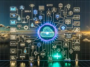 Moderne Enterprise-Grafik eines digitalen Control-Rooms: zentrale Daten-Pipeline mit „Data Integration“, „Feature Engineering“, „MLOps“ und „App Layer“, darüber eine leuchtende GenAI-Schaltung, die LLMs mit verschlüsselten Datensilos in AWS, Azure und Google Cloud verbindet; umgeben von Icons für Energie, Fertigung, Verteidigung, Fraud und Supply Chain; Schilde, Checklisten und Policylinien signalisieren Compliance.