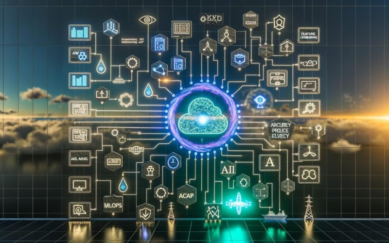 Moderne Enterprise-Grafik eines digitalen Control-Rooms: zentrale Daten-Pipeline mit „Data Integration“, „Feature Engineering“, „MLOps“ und „App Layer“, darüber eine leuchtende GenAI-Schaltung, die LLMs mit verschlüsselten Datensilos in AWS, Azure und Google Cloud verbindet; umgeben von Icons für Energie, Fertigung, Verteidigung, Fraud und Supply Chain; Schilde, Checklisten und Policylinien signalisieren Compliance.