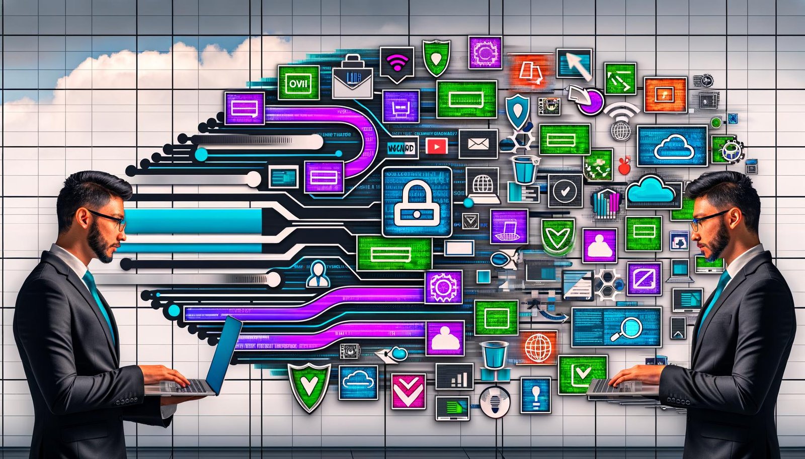 Collage des KI-Bild-Workflows: Prompt auf Laptop, generative Bilder (Stable Diffusion/DALL·E), SEO-Overlays WebP/AVIF/Schema, LCP, CDNs und Compliance-Symbole.