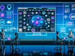 Großer Monitor mit KI‑gestütztem Präsentationsdashboard, geordneten Charts und Folienvorlagen; im Vordergrund kollaborieren Business‑Profi, UX‑Designerin und Data Scientist an Laptops mit Copilot, Figma, ChatGPT und Datawrapper. Overlays visualisieren Datenpipelines, Prompt‑Engineering, A/B‑Tests, NPS‑Grafiken und Barrierefreiheits‑Checks in einer Palette aus Azur, Violett und Dunkelgrau.