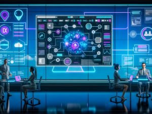Großer Monitor mit KI‑gestütztem Präsentationsdashboard, geordneten Charts und Folienvorlagen; im Vordergrund kollaborieren Business‑Profi, UX‑Designerin und Data Scientist an Laptops mit Copilot, Figma, ChatGPT und Datawrapper. Overlays visualisieren Datenpipelines, Prompt‑Engineering, A/B‑Tests, NPS‑Grafiken und Barrierefreiheits‑Checks in einer Palette aus Azur, Violett und Dunkelgrau.