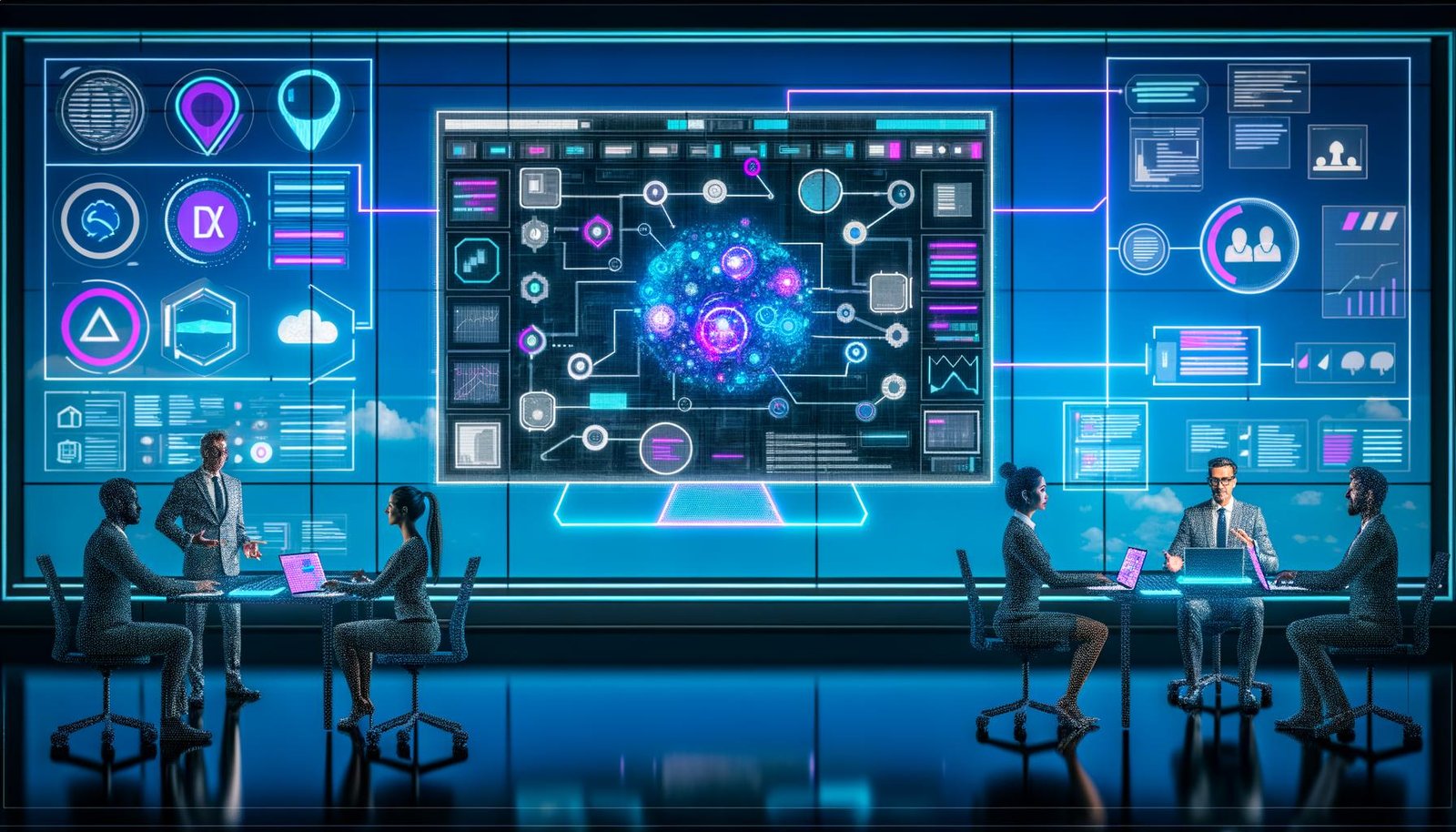 Großer Monitor mit KI‑gestütztem Präsentationsdashboard, geordneten Charts und Folienvorlagen; im Vordergrund kollaborieren Business‑Profi, UX‑Designerin und Data Scientist an Laptops mit Copilot, Figma, ChatGPT und Datawrapper. Overlays visualisieren Datenpipelines, Prompt‑Engineering, A/B‑Tests, NPS‑Grafiken und Barrierefreiheits‑Checks in einer Palette aus Azur, Violett und Dunkelgrau.