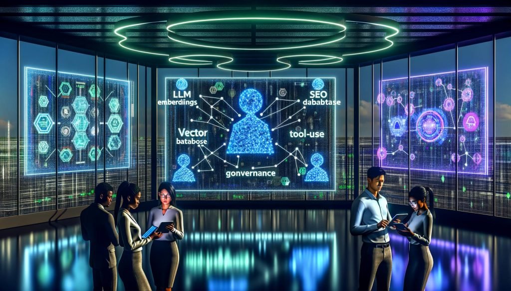 High-Tech-Arbeitsplatz mit Dashboard zur KI-Assistenz-Architektur (LLM, RAG, Embeddings, Vektor-Datenbank, Tool-Use, Governance); Team aus Marketing, Entwicklung und Data Science vor Bildschirmen mit Code, semantischen Graphen und Content-Umrissen.