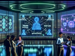 High-Tech-Arbeitsplatz mit Dashboard zur KI-Assistenz-Architektur (LLM, RAG, Embeddings, Vektor-Datenbank, Tool-Use, Governance); Team aus Marketing, Entwicklung und Data Science vor Bildschirmen mit Code, semantischen Graphen und Content-Umrissen.