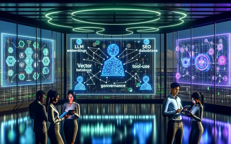 High-Tech-Arbeitsplatz mit Dashboard zur KI-Assistenz-Architektur (LLM, RAG, Embeddings, Vektor-Datenbank, Tool-Use, Governance); Team aus Marketing, Entwicklung und Data Science vor Bildschirmen mit Code, semantischen Graphen und Content-Umrissen.