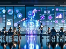 Futuristisches Büro: KI-Avatar interagiert mit Marketingteam über Glaswände, Touchscreens und Hologramm-KPIs wie Conversion Rates und Lead‑Scores; CRM, Kampagnen, E‑Commerce; DSGVO-Icons sichtbar.