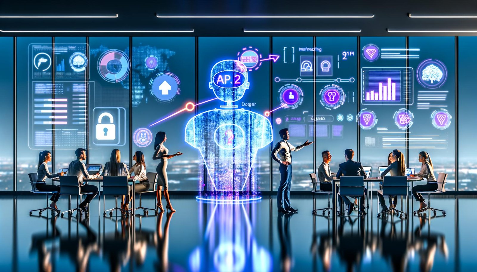 Futuristisches Büro: KI-Avatar interagiert mit Marketingteam über Glaswände, Touchscreens und Hologramm-KPIs wie Conversion Rates und Lead‑Scores; CRM, Kampagnen, E‑Commerce; DSGVO-Icons sichtbar.