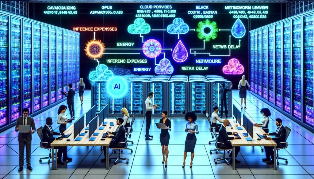 Team in futuristischem KI-Finanzkontrollraum an transparenten Whiteboards; holografische Charts und Heatmaps zu NVIDIA, Cloud und Halbleitern; Stichworte Inferenzkosten, Energie, Netzwerklatenz; blauer Serverraum mit flüssiggekühlten Racks; KI-Wertschöpfungskette und Barbell-Grafik mit 'Picks and Shovels' vs. 'Application Layer'.