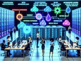 Team in futuristischem KI-Finanzkontrollraum an transparenten Whiteboards; holografische Charts und Heatmaps zu NVIDIA, Cloud und Halbleitern; Stichworte Inferenzkosten, Energie, Netzwerklatenz; blauer Serverraum mit flüssiggekühlten Racks; KI-Wertschöpfungskette und Barbell-Grafik mit 'Picks and Shovels' vs. 'Application Layer'.