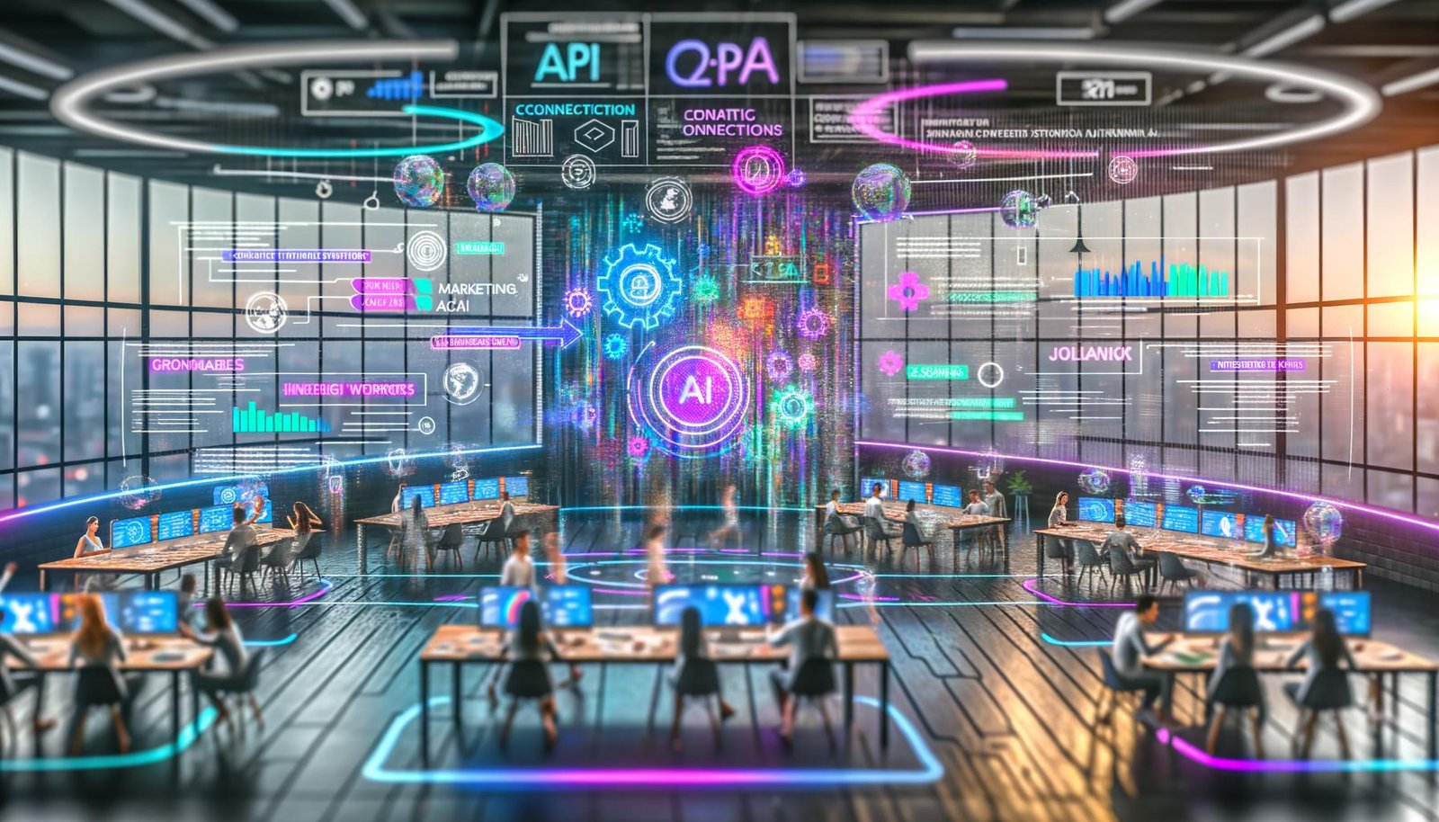 Vibrantes Hightech-Kreativstudio: diverse Marketer an holografischen Moodboards, KI-generierten Assets und Workflows; KPI-Tracker, C2PA/DSGVO; Joyland AI Branding.