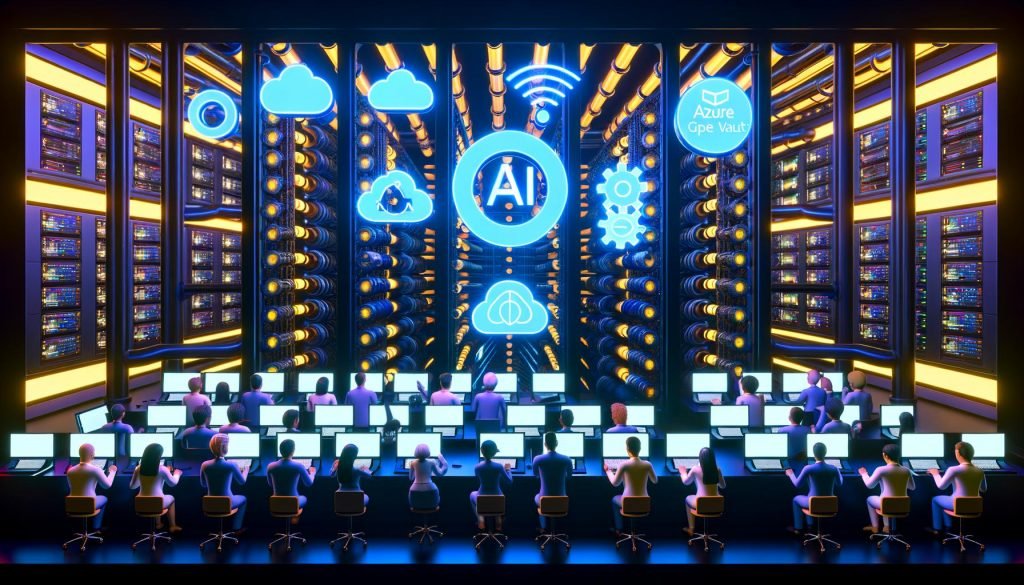 Hochmoderner, azurblauer Serverraum mit fließenden Datenleitungen, Monitoren und Dashboards; diverse Fachkräfte an Laptops und Touchscreens; Icons für Azure OpenAI, Machine Learning, Search, Key Vault und DSGVO-Sicherheit, nüchterne Engineering-Ästhetik.