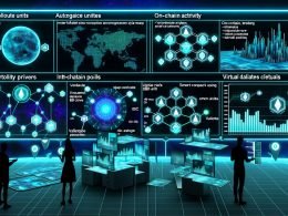 Futuristische Trading‑Kommandozentrale mit mehreren Displays: Live‑Charts des Fetch.ai‑Tokens, On‑Chain‑Aktivität, Agent‑Transaktionen und Validator‑Karten; zentrales Tech‑Stack‑Diagramm (Agentverse, DeltaV, Cosmos SDK/IBC, CosmWasm); Analysten‑Silhouetten im Vordergrund, blau‑grüne UI.