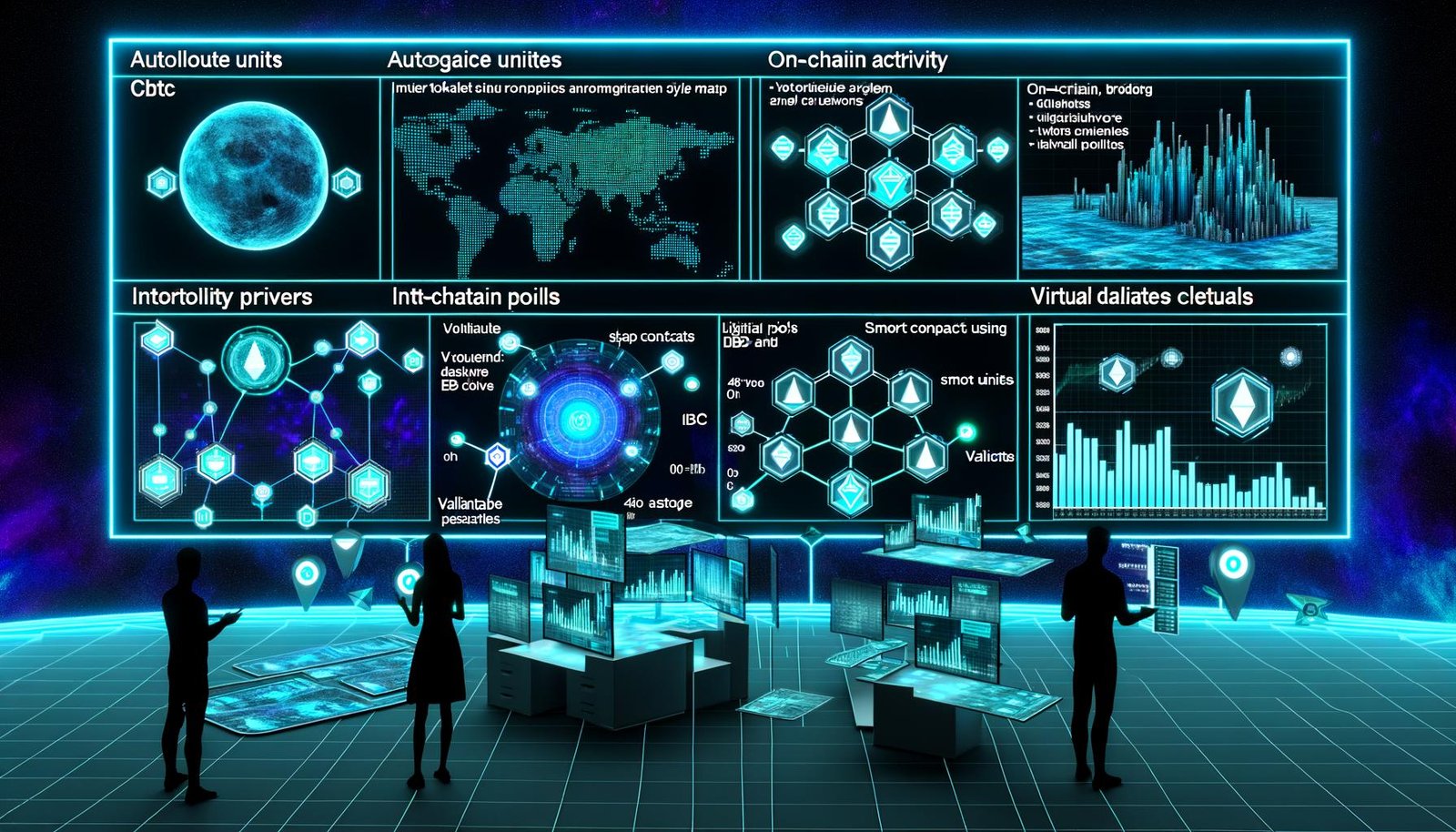 Futuristische Trading‑Kommandozentrale mit mehreren Displays: Live‑Charts des Fetch.ai‑Tokens, On‑Chain‑Aktivität, Agent‑Transaktionen und Validator‑Karten; zentrales Tech‑Stack‑Diagramm (Agentverse, DeltaV, Cosmos SDK/IBC, CosmWasm); Analysten‑Silhouetten im Vordergrund, blau‑grüne UI.