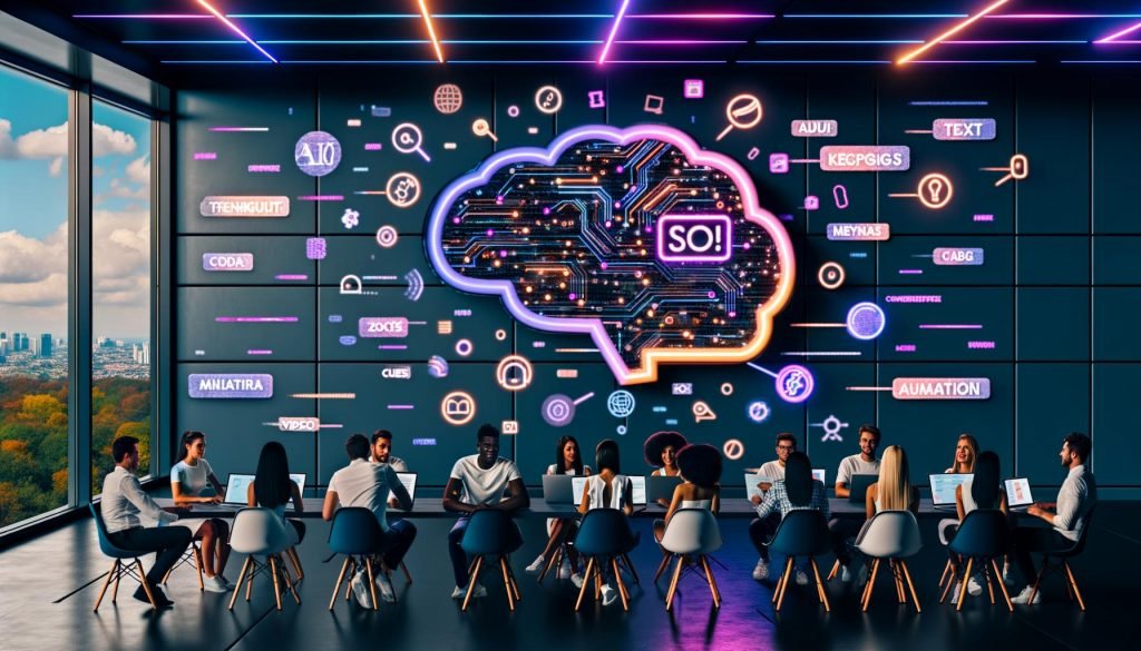 Junges, diverses Marketingteam an Laptops und großen Bildschirmen mit schwebenden KI-Icons und Overlays zu Skizzen, Code, SEO, Analytics und Headlines; „AI Generator Free“-Logo über Checklisten.