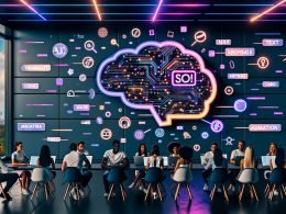 Junges, diverses Marketingteam an Laptops und großen Bildschirmen mit schwebenden KI-Icons und Overlays zu Skizzen, Code, SEO, Analytics und Headlines; „AI Generator Free“-Logo über Checklisten.