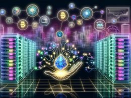 Futuristische Stadtlandschaft mit leuchtenden Server- und GPU-Clustern, Blockchain-Verbindungen, Datenströmen und Token; zentral eine offene Hand mit glänzendem „AI Coin“, umgeben von autonomen digitalen Agenten in blau‑lila Neonfarben.