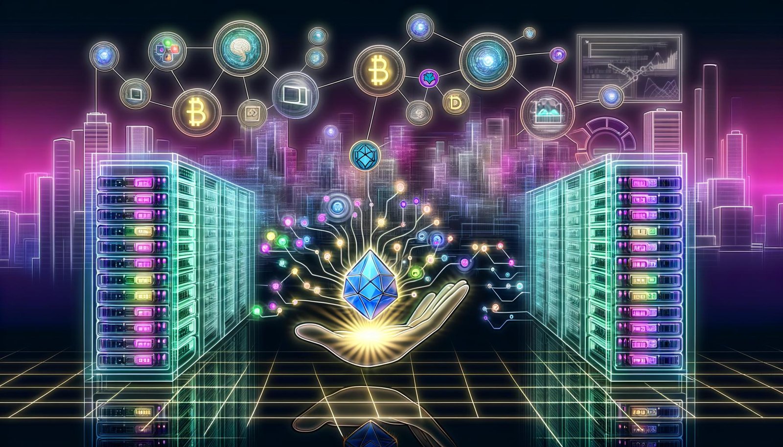 Futuristische Stadtlandschaft mit leuchtenden Server- und GPU-Clustern, Blockchain-Verbindungen, Datenströmen und Token; zentral eine offene Hand mit glänzendem „AI Coin“, umgeben von autonomen digitalen Agenten in blau‑lila Neonfarben.