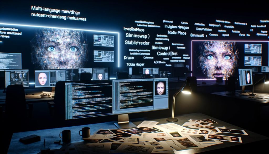 Moderner Nacht‑Arbeitsplatz mit ultra‑breiten Monitoren, die Neuralnetz‑Visualisierungen und Code zeigen; großes Billboard mit Split‑Screen‑Vergleich einer realistischen Gesichtsersetzung gegenüber einer älteren maskenartigen Version; schwebende Icons von InsightFace, SimSwap, Stable Diffusion und ControlNet; mehrsprachige Marketing‑Motive auf den Tischen.