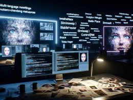 Moderner Nacht‑Arbeitsplatz mit ultra‑breiten Monitoren, die Neuralnetz‑Visualisierungen und Code zeigen; großes Billboard mit Split‑Screen‑Vergleich einer realistischen Gesichtsersetzung gegenüber einer älteren maskenartigen Version; schwebende Icons von InsightFace, SimSwap, Stable Diffusion und ControlNet; mehrsprachige Marketing‑Motive auf den Tischen.