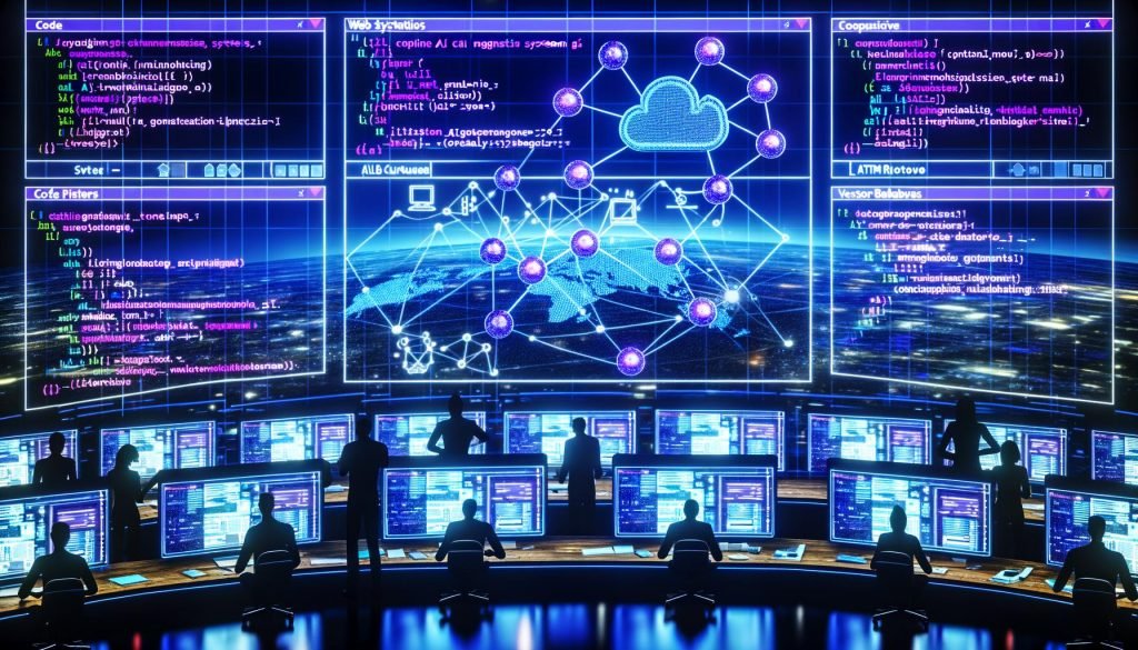 Futuristischer, aufgeräumter Kontrollraum mit mehreren Displays für Website-Analytics, generative KI-Workflows, Headless-CMS- und RAG-Diagramme, APIs, LLM-Routing und Vektor-Datenbanken; diverse Personen optimieren Dashboards; im Vordergrund aktualisiert sich eine transparente HTML-Seite mit KI-personalisierten Inhalten; pulsierende Edge-Cloud-Icons, blau-violettes Umgebungslicht.