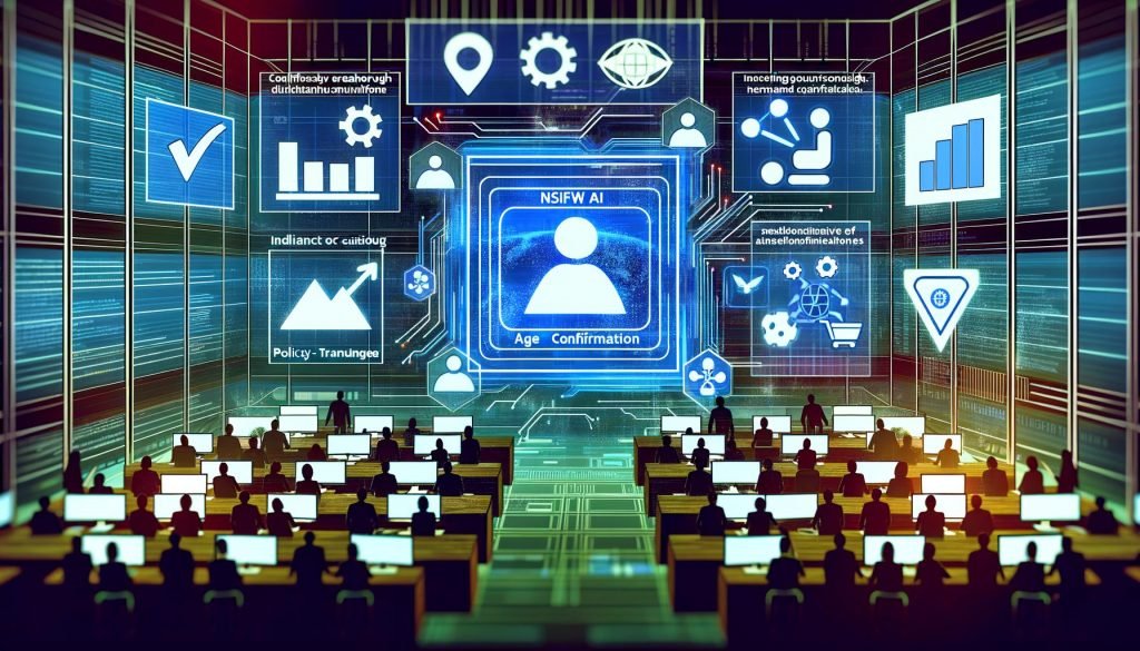 Marketingteam in Hightech-Workspace vor digitalen Screens; zentral „NSFW AI Chat“ mit Warnsymbolen, Compliance-Listen und Conversion-Grafiken; Icons für Datenschutz, Altersverifizierung und Richtlinien.