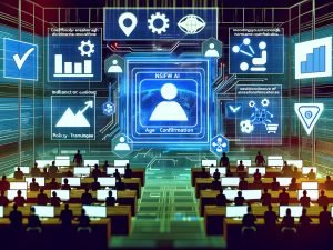 Marketingteam in Hightech-Workspace vor digitalen Screens; zentral „NSFW AI Chat“ mit Warnsymbolen, Compliance-Listen und Conversion-Grafiken; Icons für Datenschutz, Altersverifizierung und Richtlinien.