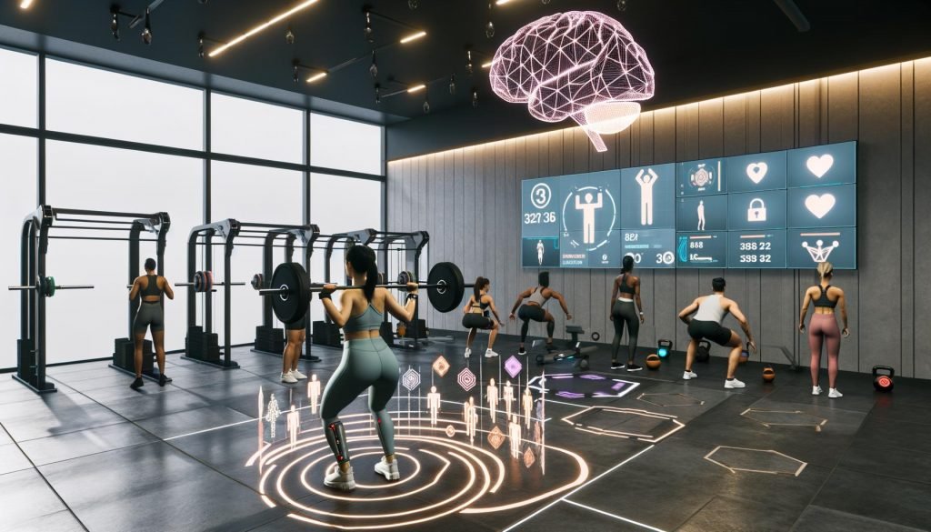 Futuristisches Fitnessstudio in Herford, Deutschland: Männer und Frauen trainieren an Hightech-Geräten, große Displays zeigen Herzfrequenz, Wiederholungen, Stangengeschwindigkeit und Bewegungssymmetrie. Sportler tragen Smartwatches, Fitnessbänder und Brustgurte, zusätzliche Sensoren an Handgelenken und Gewichten. AR-Overlay mit Pose-Linien und Gelenkwinkeln bei Kniebeugen, Trainer prüft Technik am Tablet; diskrete Datenschutz- und KI-Symbole.