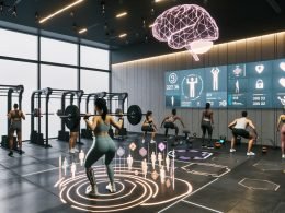 Futuristisches Fitnessstudio in Herford, Deutschland: Männer und Frauen trainieren an Hightech-Geräten, große Displays zeigen Herzfrequenz, Wiederholungen, Stangengeschwindigkeit und Bewegungssymmetrie. Sportler tragen Smartwatches, Fitnessbänder und Brustgurte, zusätzliche Sensoren an Handgelenken und Gewichten. AR-Overlay mit Pose-Linien und Gelenkwinkeln bei Kniebeugen, Trainer prüft Technik am Tablet; diskrete Datenschutz- und KI-Symbole.
