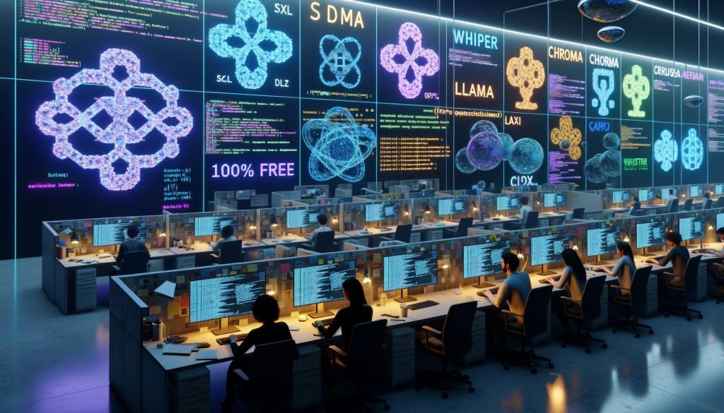 Modularer Workspace mit halbtransparenten Screens zeigt Logos und Dashboards freier KI-Tools (Llama, SDXL, Whisper, Piper, Chroma, LangChain); Marketing- und Dev-Team analysiert Diagramme; Open-Source-Icons, Code, Pipeline, 100%-Free-Siegel.