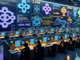 Modularer Workspace mit halbtransparenten Screens zeigt Logos und Dashboards freier KI-Tools (Llama, SDXL, Whisper, Piper, Chroma, LangChain); Marketing- und Dev-Team analysiert Diagramme; Open-Source-Icons, Code, Pipeline, 100%-Free-Siegel.