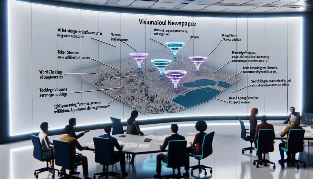 Futuristischer Newsroom mit diversen Redakteur:innen an einem großen, leuchtenden Interface; KI-Workflows mit NLP, RAG, Kontextfenstern, Embeddings, SEO-Kennzahlen, Faktencheck, Guardrails sowie Pipeline von Briefing bis Monitoring.