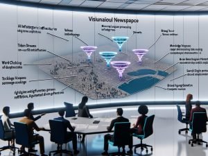 Futuristischer Newsroom mit diversen Redakteur:innen an einem großen, leuchtenden Interface; KI-Workflows mit NLP, RAG, Kontextfenstern, Embeddings, SEO-Kennzahlen, Faktencheck, Guardrails sowie Pipeline von Briefing bis Monitoring.