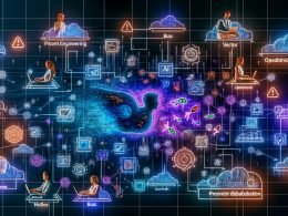 Digitale KI-Marketing-Collage: Marketer:innen und Engineers an Laptops, Tags zu Prompt Engineering, LLMOps, RAG, Guardrails; Icons für KI-Modelle, KPIs und Bias/Prompt-Injection.