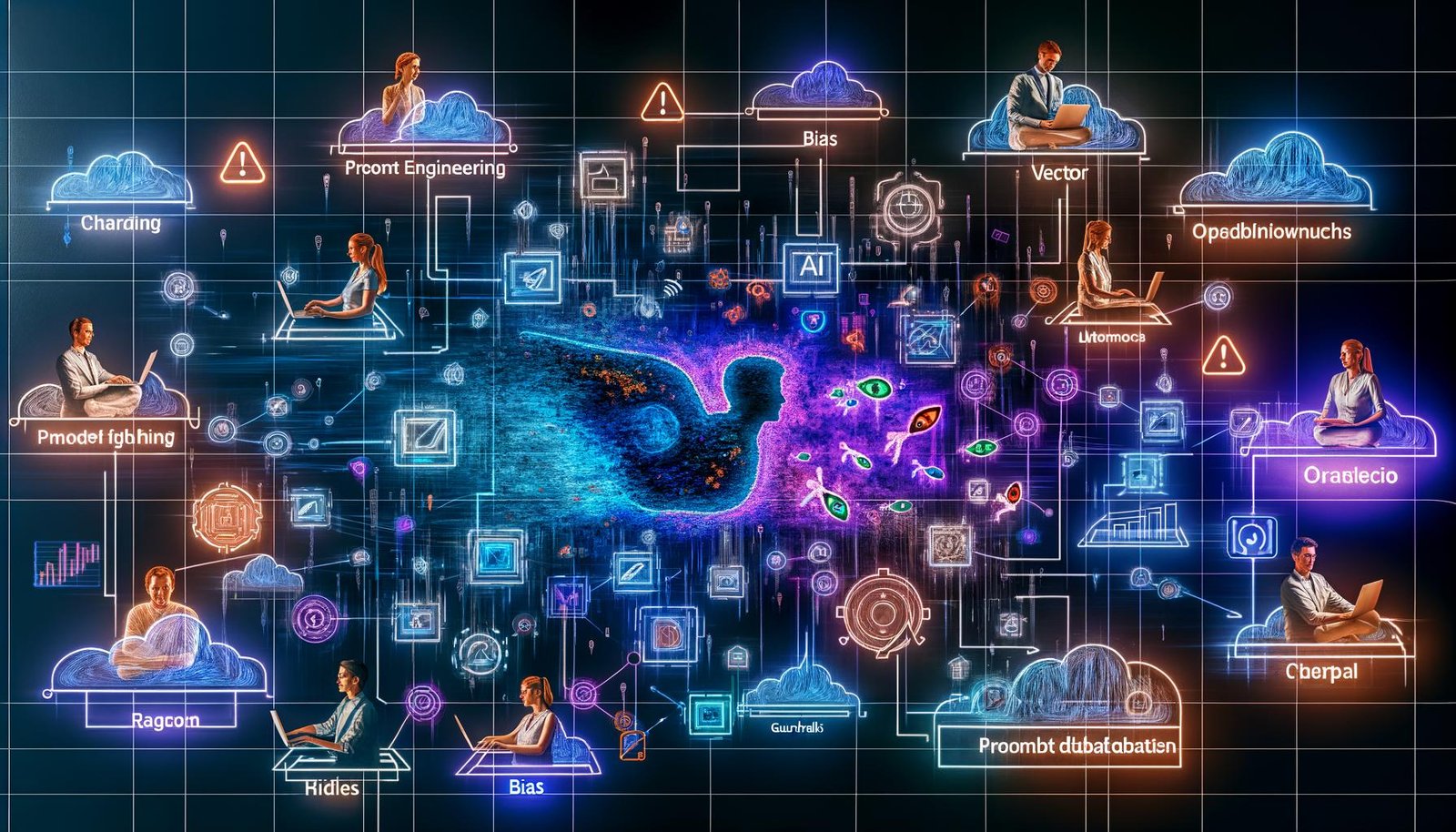 Digitale KI-Marketing-Collage: Marketer:innen und Engineers an Laptops, Tags zu Prompt Engineering, LLMOps, RAG, Guardrails; Icons für KI-Modelle, KPIs und Bias/Prompt-Injection.