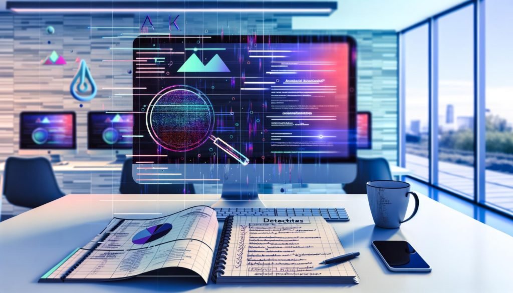 Modernes deutsches Marketingbüro mit Bildschirm voller Diagramme, algorithmischer Charts und KI-Signalen; Notizblock mit deutschen Keywords, Smartphone mit Compliance-Checkliste; Lupen-Wasserzeichen zur KI-Content-Detektion.