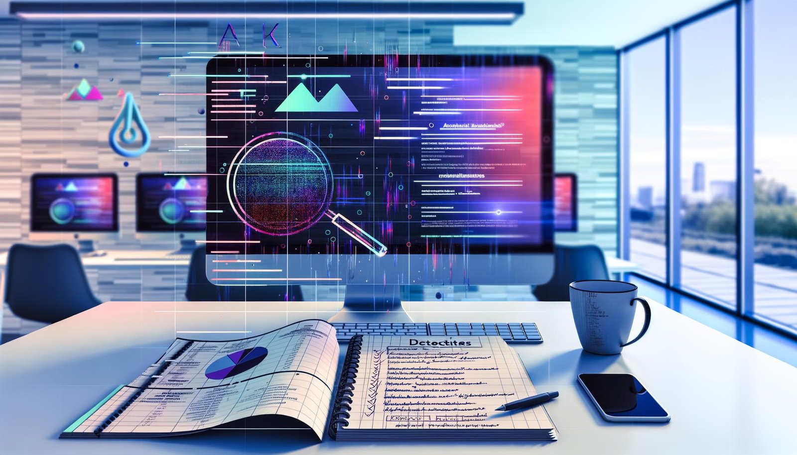 Modernes deutsches Marketingbüro mit Bildschirm voller Diagramme, algorithmischer Charts und KI-Signalen; Notizblock mit deutschen Keywords, Smartphone mit Compliance-Checkliste; Lupen-Wasserzeichen zur KI-Content-Detektion.