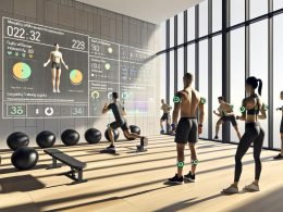 Modernes, helles Fitnessstudio mit Athletinnen und Athleten in Wearables; Live-Screens zu Herzfrequenz, VO2max, Bewegungsqualität und VBT; Coach mit Tablet, 3D-Avatar und Gelenkwinkelanalyse per Computer Vision.