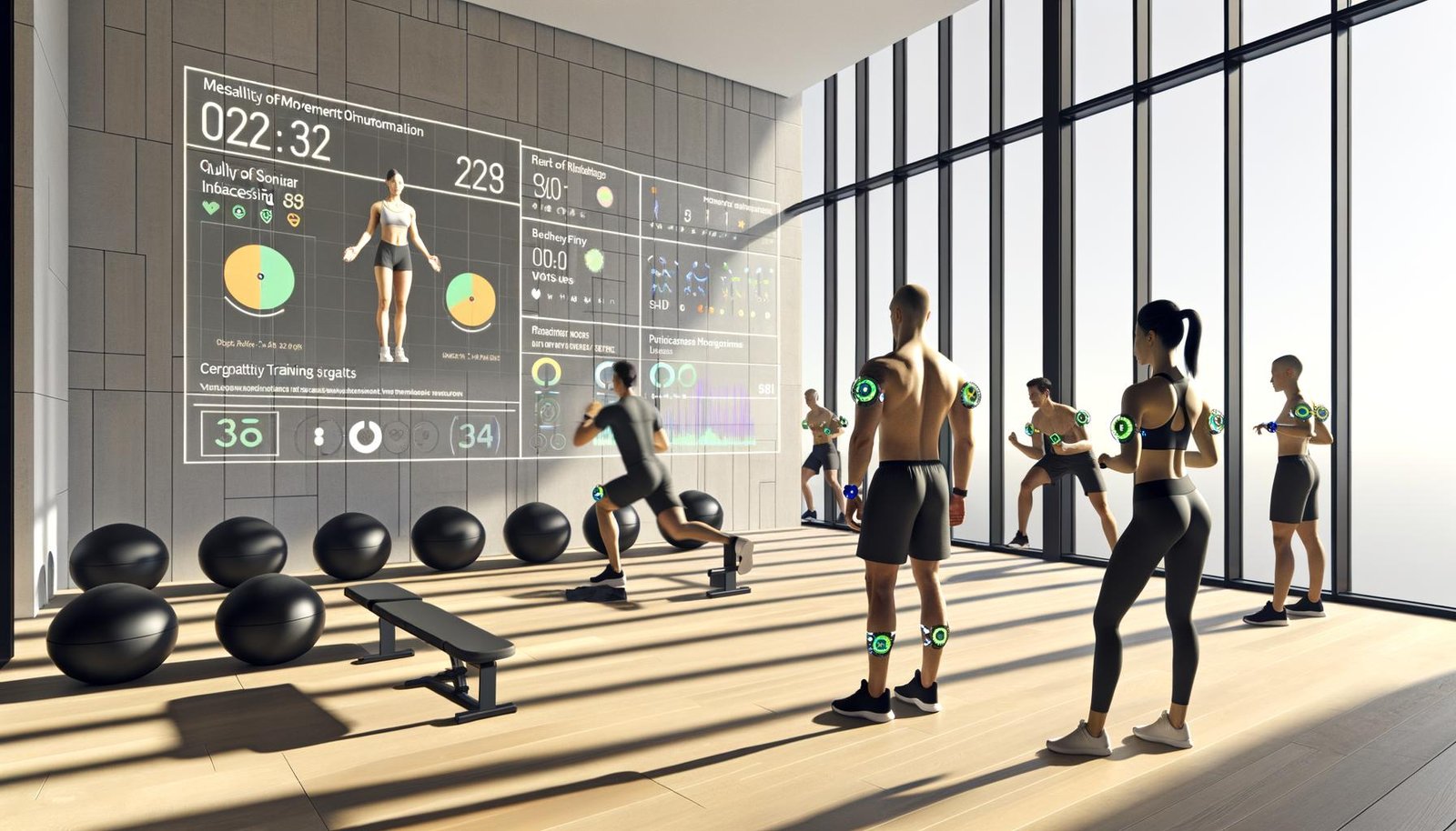 Modernes, helles Fitnessstudio mit Athletinnen und Athleten in Wearables; Live-Screens zu Herzfrequenz, VO2max, Bewegungsqualität und VBT; Coach mit Tablet, 3D-Avatar und Gelenkwinkelanalyse per Computer Vision.