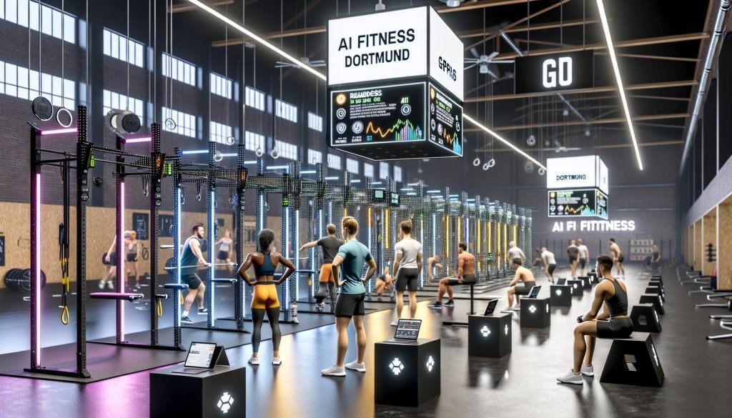 Innenraum von AI Fitness Dortmund mit Athleten, Wearables (Garmin, Apple Watch, WHOOP), sensorgestützten Power Racks und Kameras; Live-Analysen zu Herzfrequenz, HRV, VO2max und Bar Speed; Coach prüft KI-Empfehlungen.