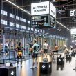Innenraum von AI Fitness Dortmund mit Athleten, Wearables (Garmin, Apple Watch, WHOOP), sensorgestützten Power Racks und Kameras; Live-Analysen zu Herzfrequenz, HRV, VO2max und Bar Speed; Coach prüft KI-Empfehlungen.