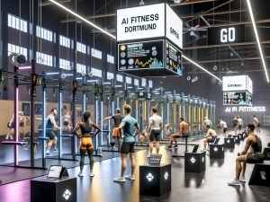 Innenraum von AI Fitness Dortmund mit Athleten, Wearables (Garmin, Apple Watch, WHOOP), sensorgestützten Power Racks und Kameras; Live-Analysen zu Herzfrequenz, HRV, VO2max und Bar Speed; Coach prüft KI-Empfehlungen.