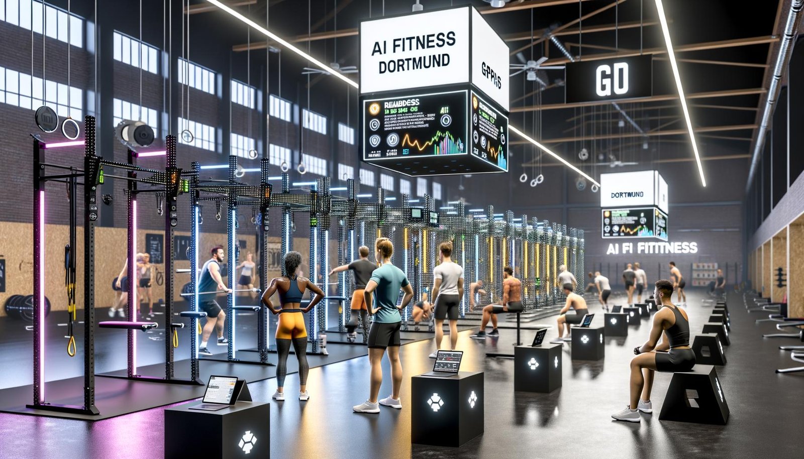 Innenraum von AI Fitness Dortmund mit Athleten, Wearables (Garmin, Apple Watch, WHOOP), sensorgestützten Power Racks und Kameras; Live-Analysen zu Herzfrequenz, HRV, VO2max und Bar Speed; Coach prüft KI-Empfehlungen.