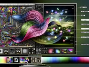 Digitale, hyperdetaillierte Illustration eines High-Tech-Fotobearbeitungs-Workspaces mit Vorher/Nachher-Split, KI-Netzlinien, Diffusionsmustern, Overlays für Inpainting, Segment Anything und Upscaling, leuchtenden GPU-Chips sowie Workflow-Panel (RAW, Mask, ControlNet, Seed, Export).